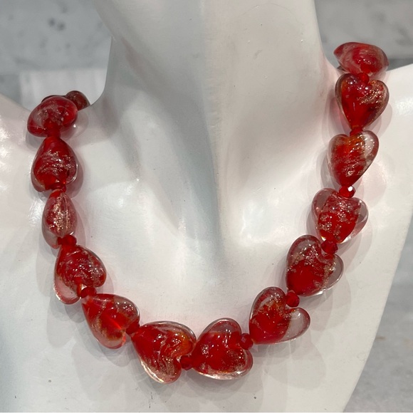 Red MURANO Style Millefiori Glass Bead Heart Necklace and Bracelet - Picture 3 of 9